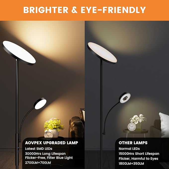 Upgraded Torchiere Floor Lamps with Reading Light, Super Bright Floor Lamps, Dimmable 3000K-6000K LED Sky Standing Lamp, Tall Lamp with Remote & Touch Control for Living Room Bedroom Office - LeafyLoom