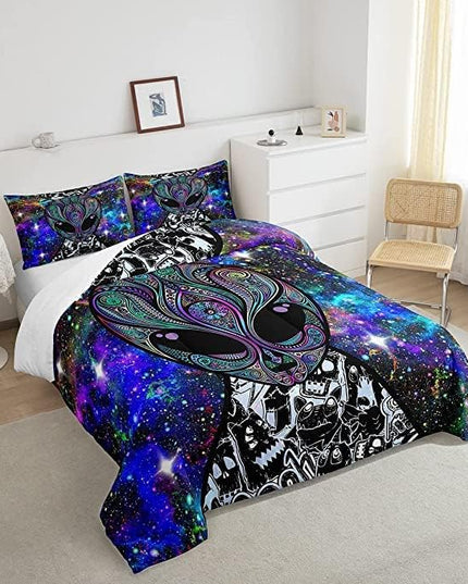 Trippy Alien Comforter Set King Size Kids Boys Galaxy Hippie Graffiti Bedding Set Psychedelic Alien Outer Space Comforter Purple Trippy Room Decor Bohemian Alien Quilted Bed Sets for Adults Men Boys - LeafyLoom
