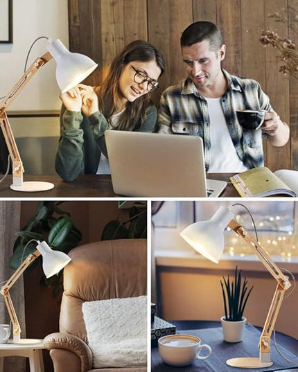 DINGLILIGHTING DLLT Swing Arm Desk Lamp, Wood Adjustable Gooseneck Table Lamp, Modern Architect Desk Light, Reading Light for Work, Study, Bedroom, Home Office, White Metal Shade, E26 Bulb Included - LeafyLoom