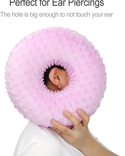 Washable Ear Piercing Pillow with Removable Pillowcase Donut Pillows Hole for Ear Pain Relief CNH Sleeping Pressure Sore Side Sleepers Ear Guard Protector Cover (Minky Dot Lavender) - LeafyLoom