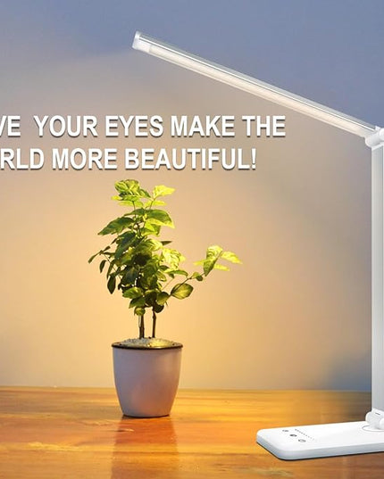 LED Desk Lamp Dimmable Table Lamp Reading Lamp with USB Charging Port, 5 Lighting Modes, Sensitive Control, 30/60 Minutes Auto-Off Timer, Eye-Caring Office Lamp - LeafyLoom