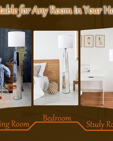 Silver Mirror Floor Lamp, Standing Decorative Lamp with Hexagon Shaped Glass Base, White Round Linen Shade, 49" Height for Living Room Bedroom, Modern Art Decor (9W LED Bulb Included) - LeafyLoom