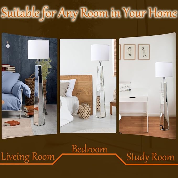 Silver Mirror Floor Lamp, Standing Decorative Lamp with Hexagon Shaped Glass Base, White Round Linen Shade, 49" Height for Living Room Bedroom, Modern Art Decor (9W LED Bulb Included) - LeafyLoom