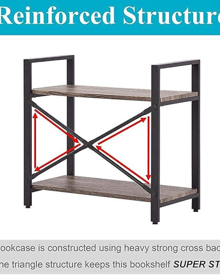 BON AUGURE Small Bookshelf for Small Space, 2 Tier Shelf Floor Bookcase for Storage, Industrial Short Low Wood Metal Book Shelves for Bedroom, Office and Living Room(Dark Gray Oak) - LeafyLoom