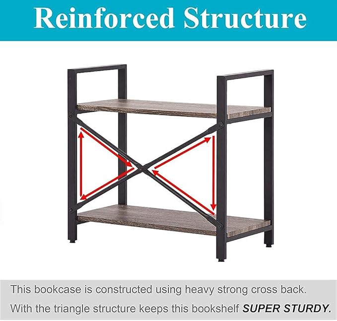 BON AUGURE Small Bookshelf for Small Space, 2 Tier Shelf Floor Bookcase for Storage, Industrial Short Low Wood Metal Book Shelves for Bedroom, Office and Living Room(Dark Gray Oak) - LeafyLoom