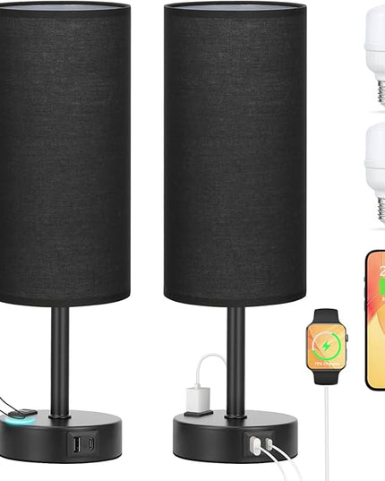 Black Touch Table Lamps Set - 3 Way Dimmable Bedroom Bedside Lamps Set of 2 with USB C and A Ports, Small Lamps for Nightstand with AC Outlet, Round Flaxen Shade for Desk, Office, Dorm, Nursery - LeafyLoom
