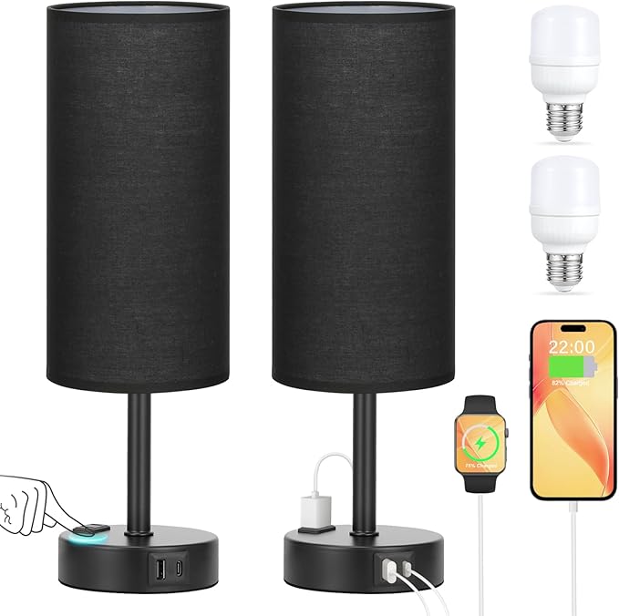 Black Touch Table Lamps Set - 3 Way Dimmable Bedroom Bedside Lamps Set of 2 with USB C and A Ports, Small Lamps for Nightstand with AC Outlet, Round Flaxen Shade for Desk, Office, Dorm, Nursery - LeafyLoom