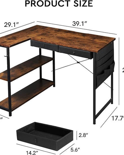 Ｍａｉｈａｉｌ Maihail Home Office Desk with Drawers Shelves, 39” Computer Corner Desk, Small Space, Small L Shaped Desk with Side Storage for Bedroom, Rustic Brown - LeafyLoom
