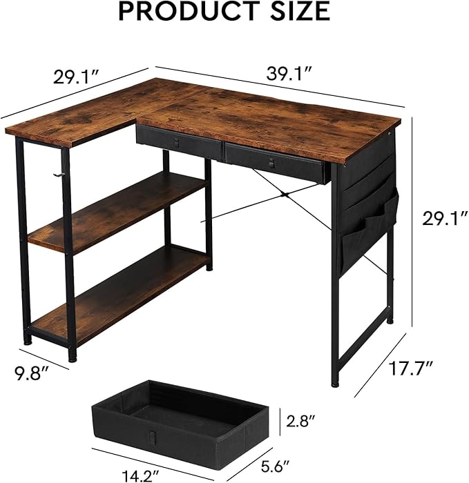 Ｍａｉｈａｉｌ Maihail Home Office Desk with Drawers Shelves, 39” Computer Corner Desk, Small Space, Small L Shaped Desk with Side Storage for Bedroom, Rustic Brown - LeafyLoom