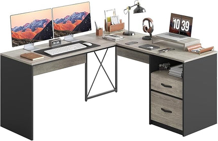 Bestier L Shaped Desk with Drawers, 55 inch Office L Desk with Reversible File Drawer, Industrial Wood Computer Desk with Monitor Stand (Retro Grey Oak Light) - LeafyLoom