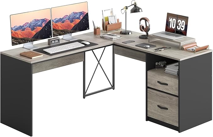 Bestier L Shaped Desk with Drawers, 55 inch Office L Desk with Reversible File Drawer, Industrial Wood Computer Desk with Monitor Stand (Retro Grey Oak Light) - LeafyLoom