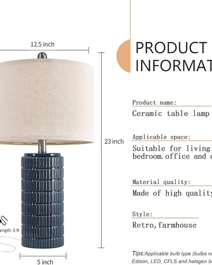 PoKat 23" Blue Table Lamp, Farmhouse Bedside Lamps for Bedroom Set of 2, Ceramic End Table Lamps for Living Room, Traditional Nightstand Desk Lamps, Medium - LeafyLoom