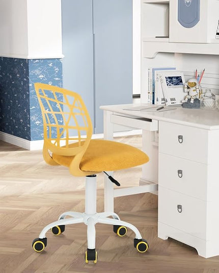Kids Desk Chair, Fabric Office Chair Armless Small Mid Back Swivel Children Computer Task Chair Ergonomic Height Adjustable Study Chairs with Swivel Padded Cushion and Rolling Wheels, Yellow - LeafyLoom