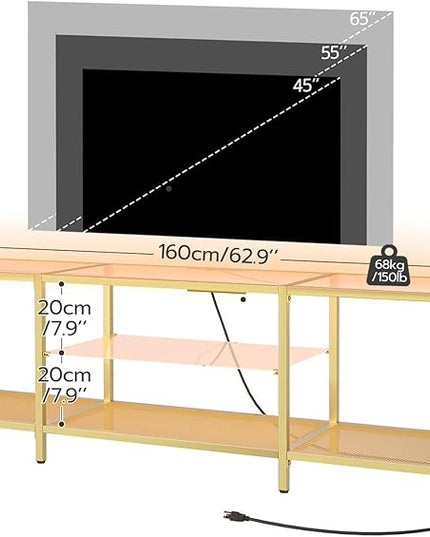 HOOBRO TV Stand with LED Lights and Power Outlets for TVs up to 75", Modern 63 Inch Tempered Glass TV Console Table with Open Shelves, Media Entertainment Center for Living Room, Gold GD165UDS01 - LeafyLoom
