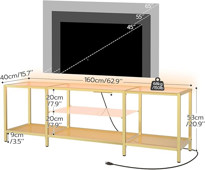 HOOBRO TV Stand with LED Lights and Power Outlets for TVs up to 75", Modern 63 Inch Tempered Glass TV Console Table with Open Shelves, Media Entertainment Center for Living Room, Gold GD165UDS01 - LeafyLoom