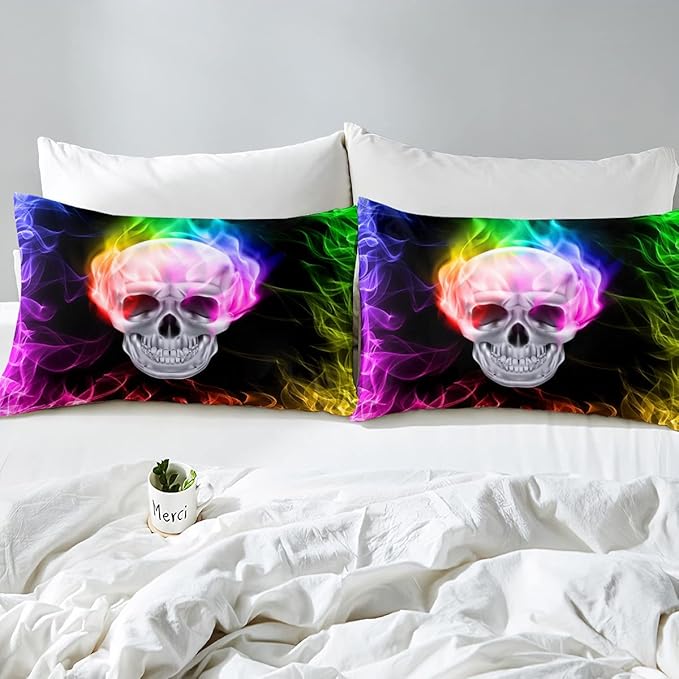 Erosebridal Skull Comforter Set, Skeleton Bones Bedding Set King Size Halloween Horror Gold Flame Duvet Sets for Kids Teens Adult Bedroom Decor, Gothic Spooky Bedding Comforters, Warmth Soft - LeafyLoom