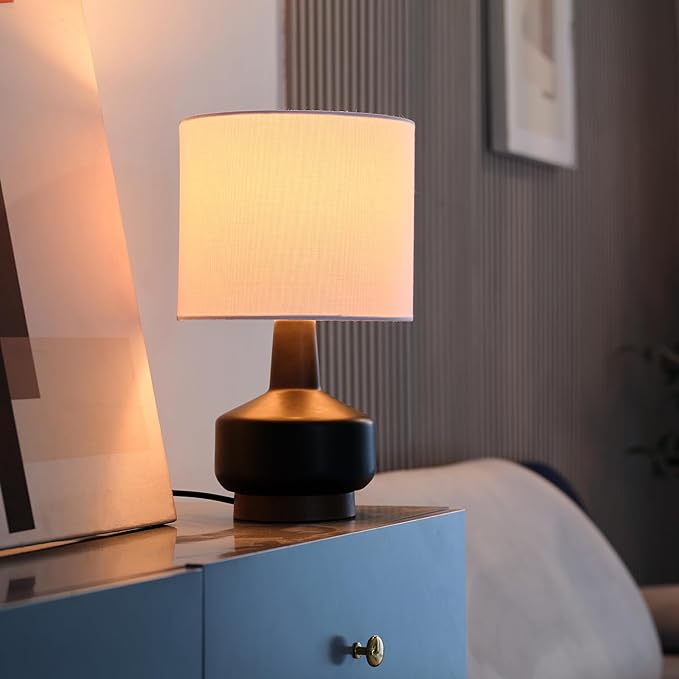 Globe Electric 61000046 15" Ceramic Table Lamp, Matte Black, Wood Toned Base, White Linen Shade, On/Off Rotary Switch on Socket, Living Room, Home Décor, Bedroom - LeafyLoom