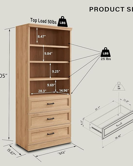 72" Tall Bookshlef with 3 Drawers, Farmhouse 4-Tier Bookcase with Adjustable Shlef, Wooden Storage Cabinet for Living Room, Kitchen, Home Office, Dining Room, Natural - LeafyLoom