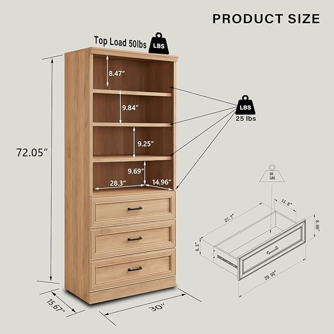 72" Tall Bookshlef with 3 Drawers, Farmhouse 4-Tier Bookcase with Adjustable Shlef, Wooden Storage Cabinet for Living Room, Kitchen, Home Office, Dining Room, Natural - LeafyLoom