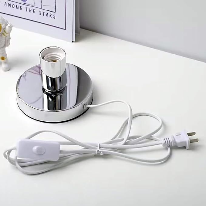 Simple Unique Lamp Base Only,Mini Bedside Table Lamp Bases,E26 Edison Light Bulb Stand Lamps for Small Spaces,Minimalist Desk Lamps Set w/ 5.8ft White Cord Switch Plug,No Bulb,Silver/Chrome,S - LeafyLoom