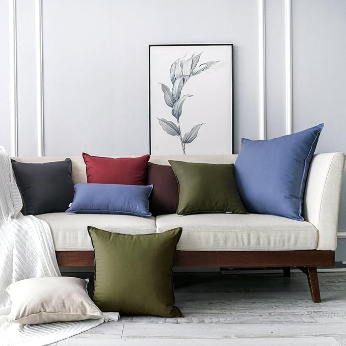 Jeanerlor Cotton Linen Square Decorative Throw Pillow Case Cushion Cover with Twin Needles Stitch on Edge, 12"x20"(30 x 50cm), 2 Pcs, Olive Green - LeafyLoom