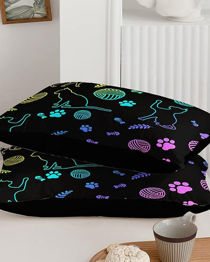 Black Cat Bedding Cartoon Cat Comforter Set Twin,Neon Cat Paw Ball of Yarn Printed Kids Bedding for Cat Lover Boys Girls Adults Room Decor,Kids Comforter,1 Quilt 2 Pillow Cases,Neon Color Purple Blue - LeafyLoom
