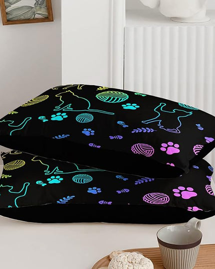 Black Cat Bedding Cartoon Cat Comforter Set Full,Neon Cat Paw Ball of Yarn Printed Kids Bedding for Cat Lover Boys Girls Adults Room Decor,Kids Comforter,1 Quilt 2 Pillow Cases,Neon Color Purple Blue - LeafyLoom