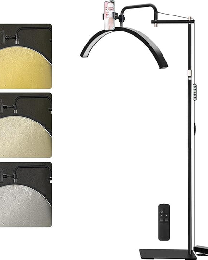 Lash Light for Eyelash Tech - Led Half Moon Light for Tattoo Artists, Esthetician Lights for Eyelash Extensions - Adjustable Brightness & Height, Warm to Cool Floor Lash Lamp with Phone Holder - LeafyLoom