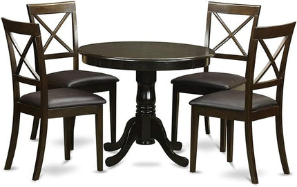East West Furniture ANBO5-CAP-LC Antique 5 Piece Kitchen Set for 4 Includes a Round Table with Pedestal and 4 Faux Leather Dining Room Chairs, 36x36 Inch - LeafyLoom