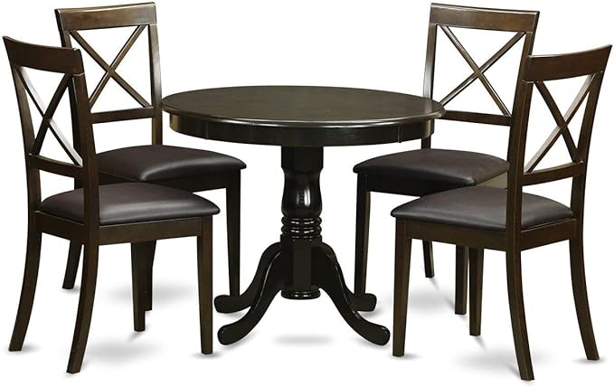 East West Furniture ANBO5-CAP-LC Antique 5 Piece Kitchen Set for 4 Includes a Round Table with Pedestal and 4 Faux Leather Dining Room Chairs, 36x36 Inch - LeafyLoom
