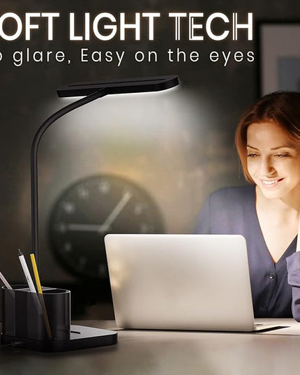 AXX Desk Lamp for College Dorm Room, School Study Supplies for Teens Kids, Office Desk Lights with Organizer/Storage, Desktop Lamp for Bedroom, LED, Small, Black, Pen Holder, Gooseneck - LeafyLoom