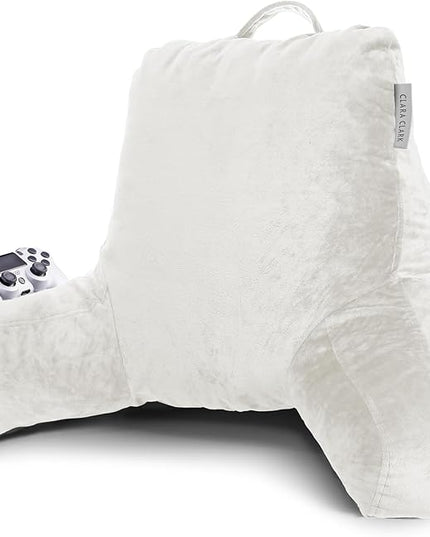 Clara Clark Reading Pillow, Standard Back Pillow for Sitting Up in Bed, Memory Foam Back Support Pillow, Reading Pillows for Sitting in Bed, White Sit Up Pillow for Bed Chair Arm Pillow with Pockets - LeafyLoom
