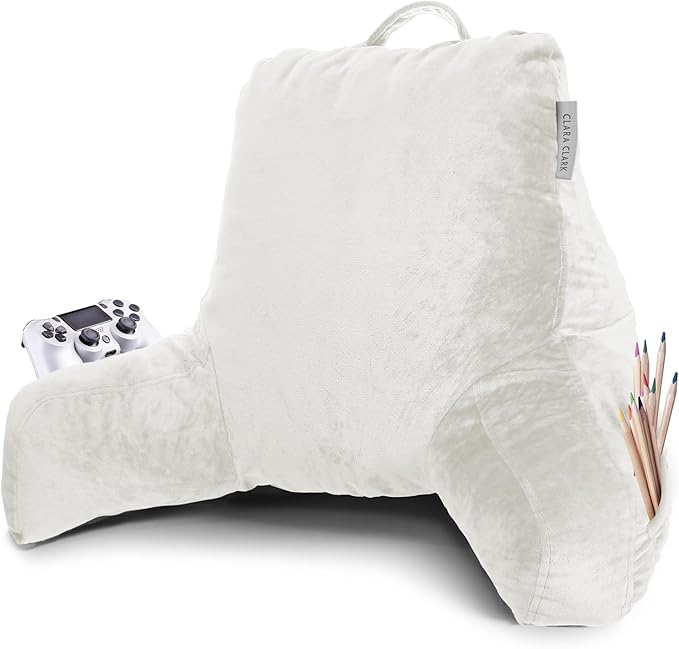 Clara Clark Reading Pillow, Standard Back Pillow for Sitting Up in Bed, Memory Foam Back Support Pillow, Reading Pillows for Sitting in Bed, White Sit Up Pillow for Bed Chair Arm Pillow with Pockets - LeafyLoom
