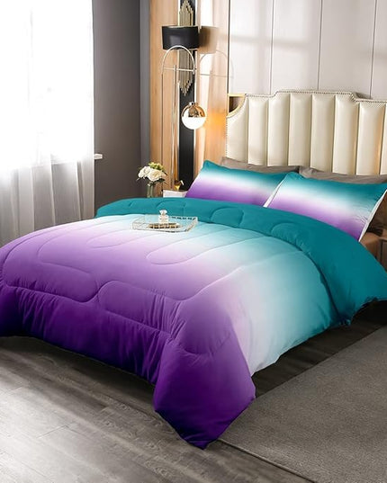 Erosebridal Ombre Comforter Set Green Purple Teal Bedding Set King Size Colorful Gradient Down Comforter Modern Abstract Quilt Duvet Insert Soft Warm Lightweight 1Comforter with 2 Pillowcases - LeafyLoom