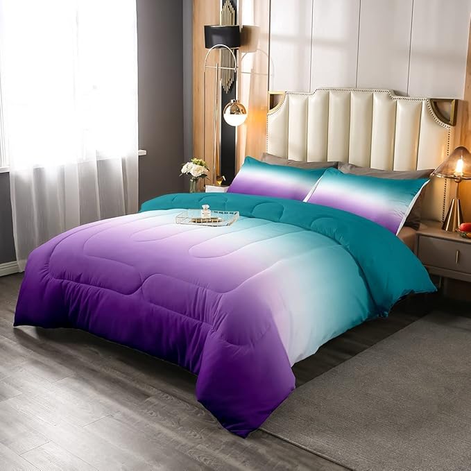 Erosebridal Ombre Comforter Set Green Purple Teal Bedding Set King Size Colorful Gradient Down Comforter Modern Abstract Quilt Duvet Insert Soft Warm Lightweight 1Comforter with 2 Pillowcases - LeafyLoom