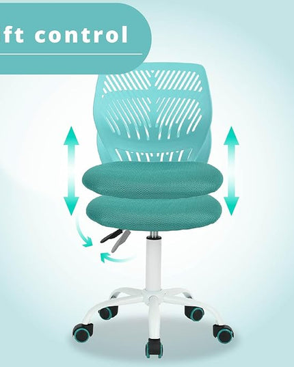 FurnitureR Writing Task Chair 360 Swivel,Low Mid PP Mesh Back Fabric Seat, Height Adjustable, Rolling Castor,W15.7”xD15.2”x H29.5-34.2",Turquoise - LeafyLoom