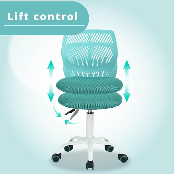 FurnitureR Writing Task Chair 360 Swivel,Low Mid PP Mesh Back Fabric Seat, Height Adjustable, Rolling Castor,W15.7”xD15.2”x H29.5-34.2",Turquoise - LeafyLoom