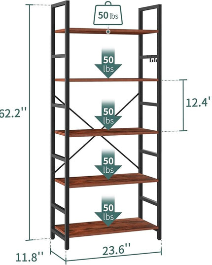 Yoobure 5 Tier Bookshelf - Tall Book Shelf Modern Bookcase for CDs/Movies/Books, Rustic Book Case Industrial Bookshelves Book Storage Organizer for Bedroom Home Office Living Room Brown - LeafyLoom