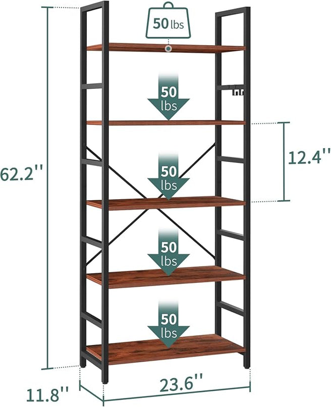 Yoobure 5 Tier Bookshelf - Tall Book Shelf Modern Bookcase for CDs/Movies/Books, Rustic Book Case Industrial Bookshelves Book Storage Organizer for Bedroom Home Office Living Room Brown - LeafyLoom