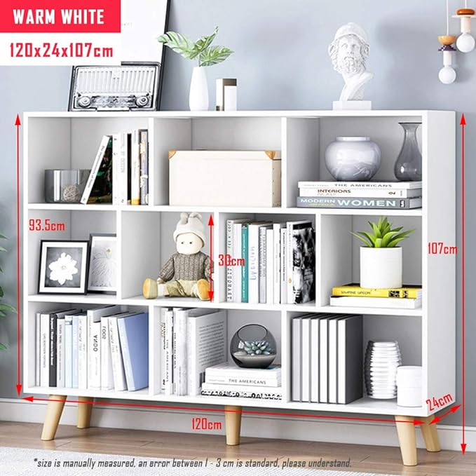 IOTXY Wooden Open Shelf Bookcase - 3-Tier Floor Standing Display Cabinet Rack with Legs, 10 Cubes Bookshelf, Warm White - LeafyLoom