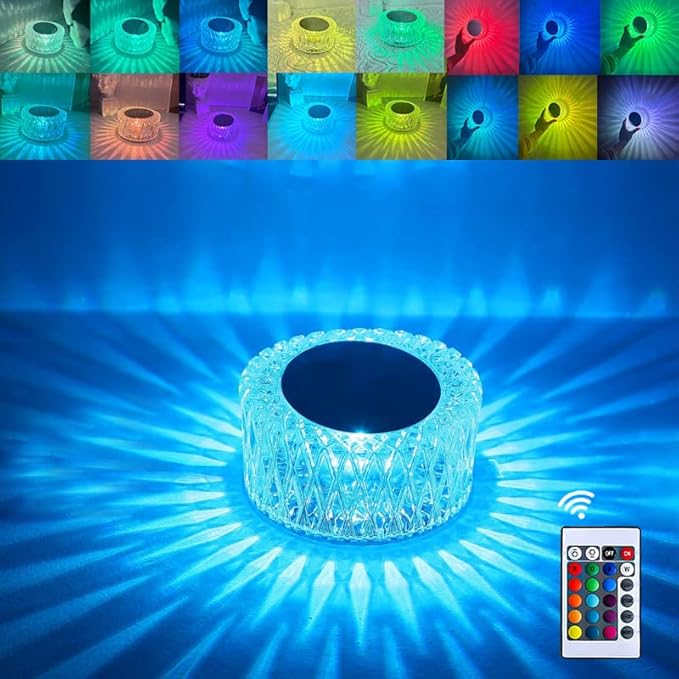 Portable Crystal LED Table Lamp, 3-Levels Brightness Desk Lamp, 3 Color Touch Control Rechargeable Lamp, Night Light, Bedside Lamp,Dining Room Lamp (16 Color) - LeafyLoom