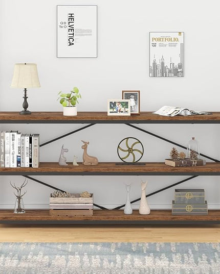 IBF Low Rustic 3 Tier Bookshelf, Industrial Horizontal Wood Bookcase, Farmhouse Long Wide Open Metal Etagere, Modern Large Vintage Book Shelf for Home Office Bedroom Living Room, Rustic Brown, 63 Inch - LeafyLoom