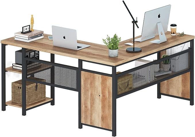 FATORRI L Shaped Computer Desk, Industrial Office Desk with Shelves, Reversible Wood and Metal Corner Desk for Home Office (Rustic Oak, 59 Inch) - LeafyLoom