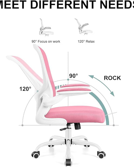Ergonomic Office Chair, Lumbar Support Desk Chair with Flip-up Armrest and Breathable Mesh, Height Adjustable Swivel Office Chair Pink - LeafyLoom