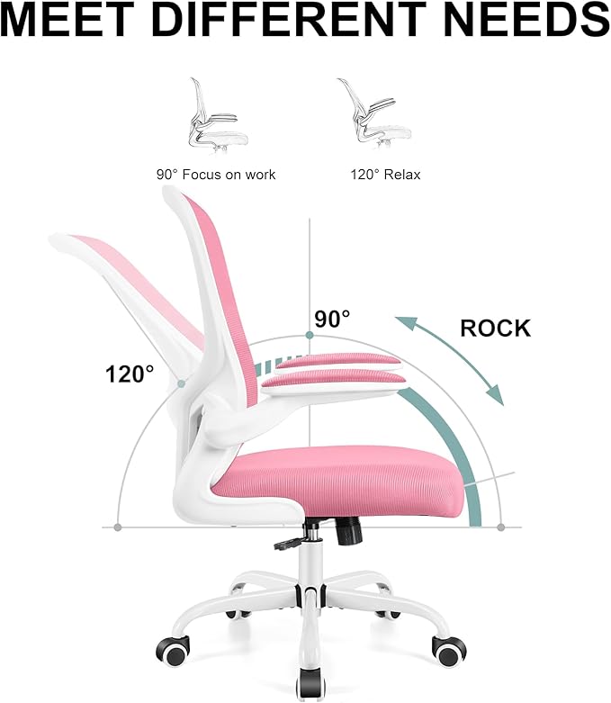 Ergonomic Office Chair, Lumbar Support Desk Chair with Flip-up Armrest and Breathable Mesh, Height Adjustable Swivel Office Chair Pink - LeafyLoom