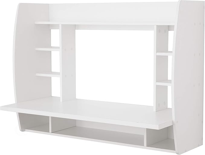 Wall Mount Laptop Office Desk with Shelves, White, - LeafyLoom