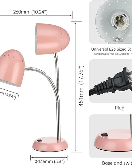 Eye-Caring Table Lamp of Simple Designs Home E26 Led Screw Basic Metal Desk Lamp with Flexible Gooseneck Hose Neck Study Lamp for Bedroom Office Living Room Convenient On/Off Switch(Pink) - LeafyLoom