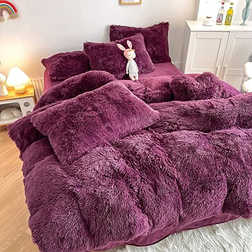 Faux Fur Kids Girls Grape Purple Comforter Sets King - 3PC Bed Set Warm Comfortable Soft Plush Flannel Velvet Fluffy Fuzzy Bedding（Comforter x 1 Pillowcases x 2） - LeafyLoom
