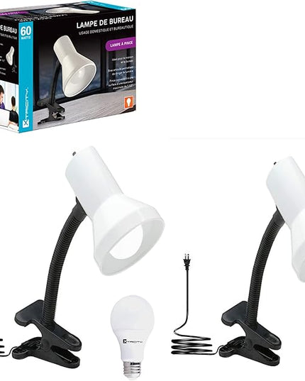 Xtricity Desk Lamp with Clamp Base and Adjustable Gooseneck, clamp lamp for Bed 6W A19 Led Bulb Included, 120V, Convenient On/Off Switch, White Finish (2 Pack) - LeafyLoom