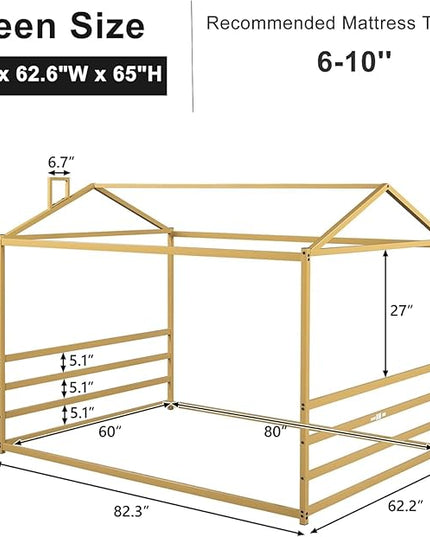 Queen Size Metal Floor Bed for Kids,Montessori Floor Bed with Roof,House Bed Frame for Boys Girls,Metal House Shape Platform Bed,Gold - LeafyLoom